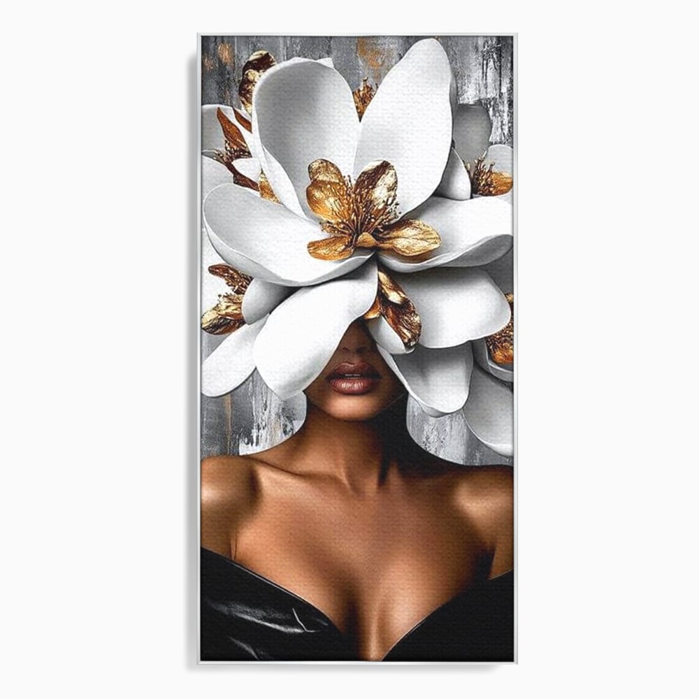 Tablou canvas cu tablou canvas cu femeie si magnolie alba, in rama de aluminiu argintiu